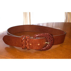 Vintage Harolds Genuine Leather Belt Italy Brown Woven Large Buckle Boho Size S